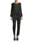 Long-sleeve Drawstring-waist Jumpsuit, Emerald