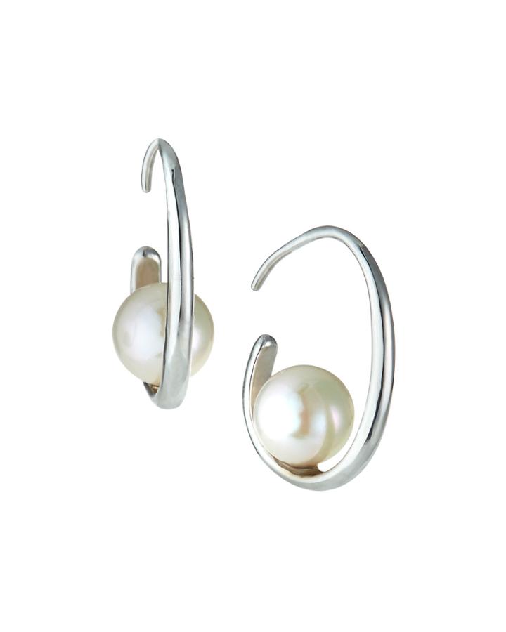14k White Gold Center-pearl Hoop Earrings