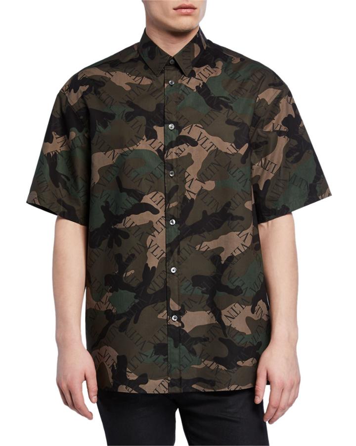 Men's Camo-print Short-sleeve Button-down