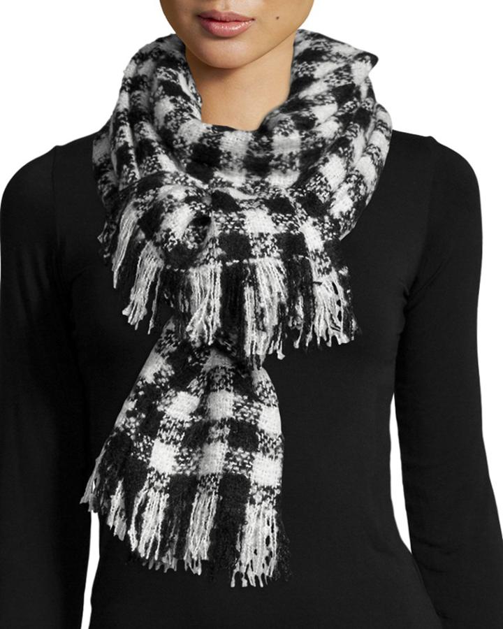 Neiman Marcus Boucle Check Fringe Scarf, Black/white, Women's, Black/ Whi