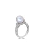 14k White Gold South Sea Pearl Ring W/ Diamond Pave,
