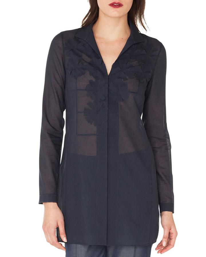 Long-sleeve Button-down Floral-embroidered Tunic Blouse