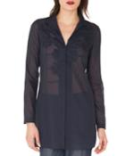 Long-sleeve Button-down Floral-embroidered Tunic Blouse