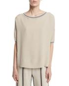 Bolzano Short-sleeve Rib-trim Silk Crepe Blouse, Beige