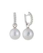 18k White Gold Detachable Pearl Diamond-huggie Earrings, White