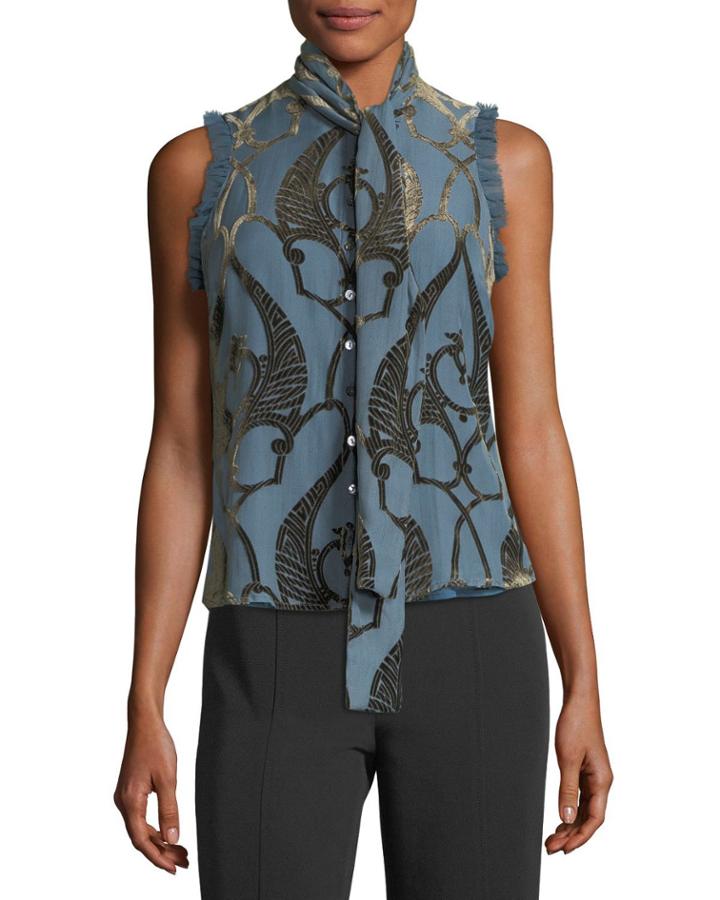 Tie-neck Button-front Burnout Velvet Top