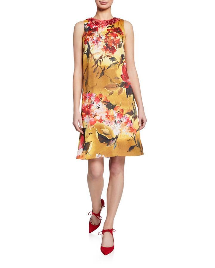 Floral-print Beaded-neck Sleeveless A-line Dress