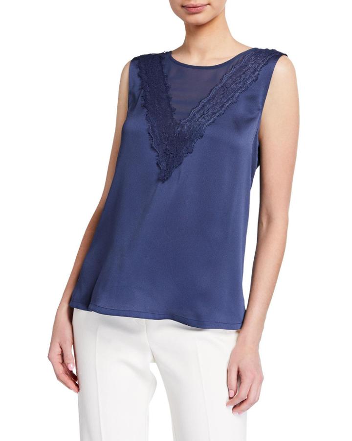 Sleeveless Mesh-yoke Blouse