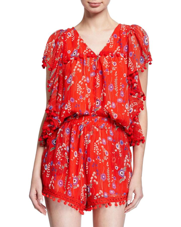 Floral V-neck Flutter-sleeve Pompom Blouse