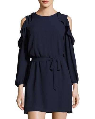 Cold-shoulder Ruffle-trim Dress, Navy