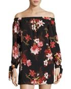 Off-the-shoulder Floral-print Dress, Black Pattern
