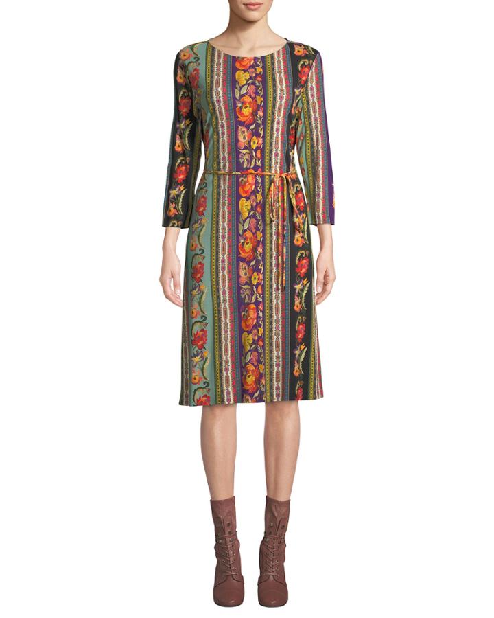 Long-sleeve Ribbon-print Knee-length Dress