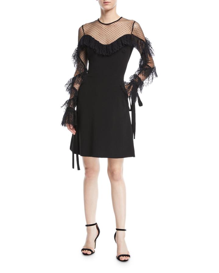 Black-dot Lace Ruffle-sleeve Fit-and-flare Dress