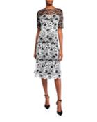 Bateau-neck Elbow-sleeve Floral Lace Dress W/ Twin