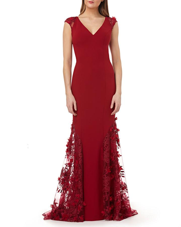 Cap-sleeve Crepe Trumpet Gown With 3d Floral