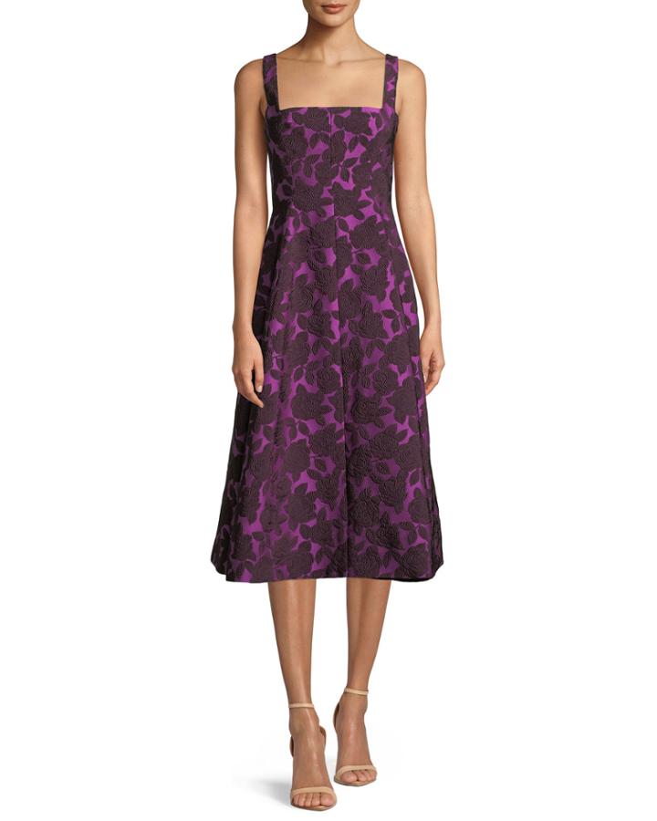 Square-neck Sleeveless Floral-jacquard Fit-and-flare Dress