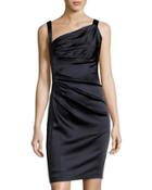Sleeveless Asymmetric-neck Ruched Dress, Navy