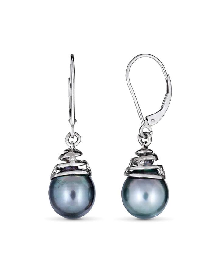 14k White Gold Dangling Pearl Earrings W/ 1-diamond,
