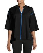 Contrast-trim Half-sleeve Knit Jacket, Black/tidal