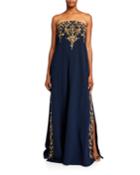 Strapless Golden-embroidered Column Gown