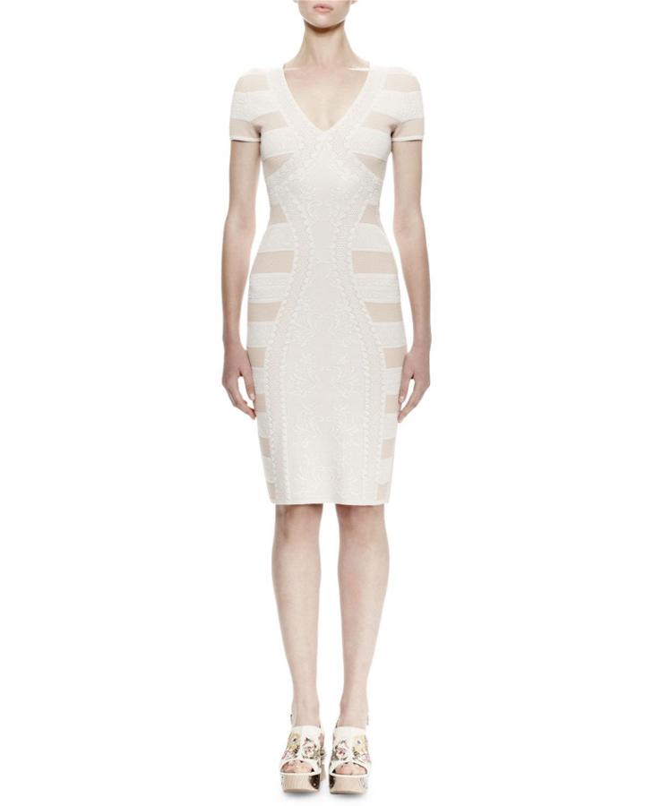 Short-sleeve Striped Pencil Dress, Powder/cameo
