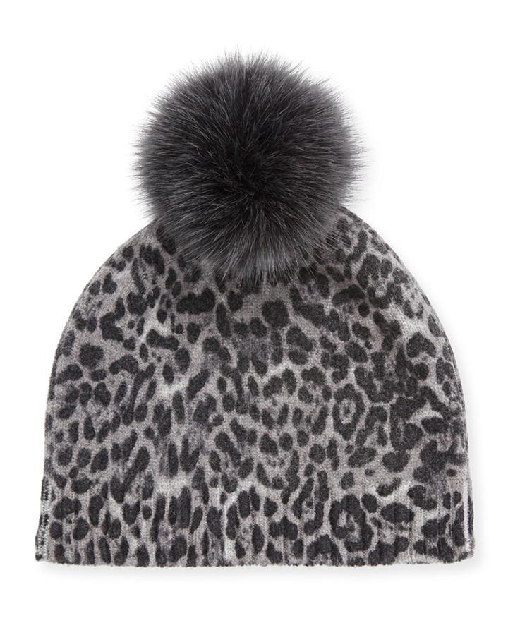 Leopard-print Cashmere Beanie W/ Fur Pompom