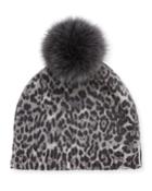 Leopard-print Cashmere Beanie W/ Fur Pompom