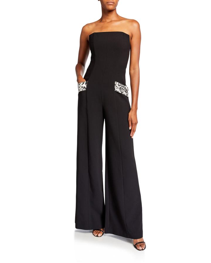 Carmine Strapless Wide-leg Jumpsuit W/ Leopard Pockets