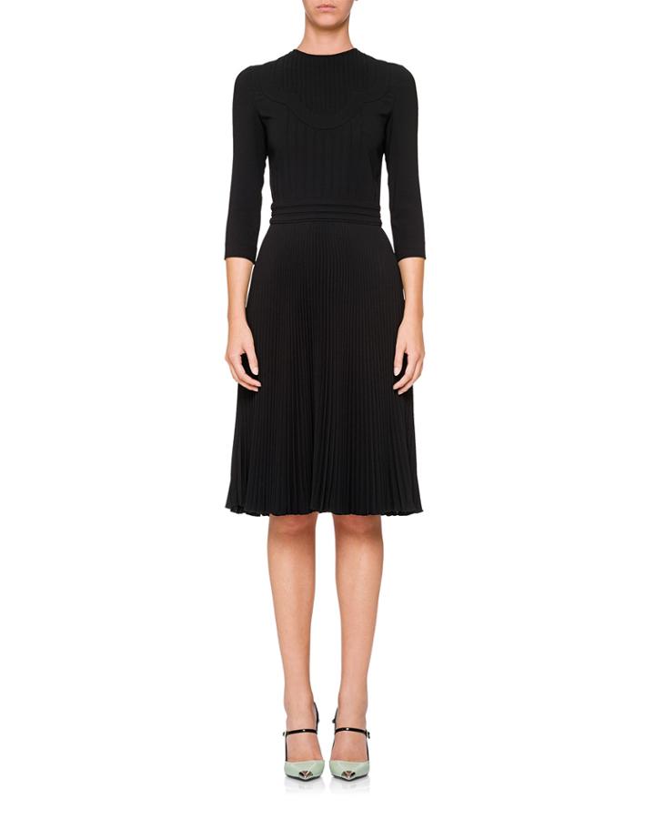 3/4-sleeve Crewneck Dress W/ Pleated