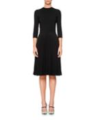 3/4-sleeve Crewneck Dress W/ Pleated