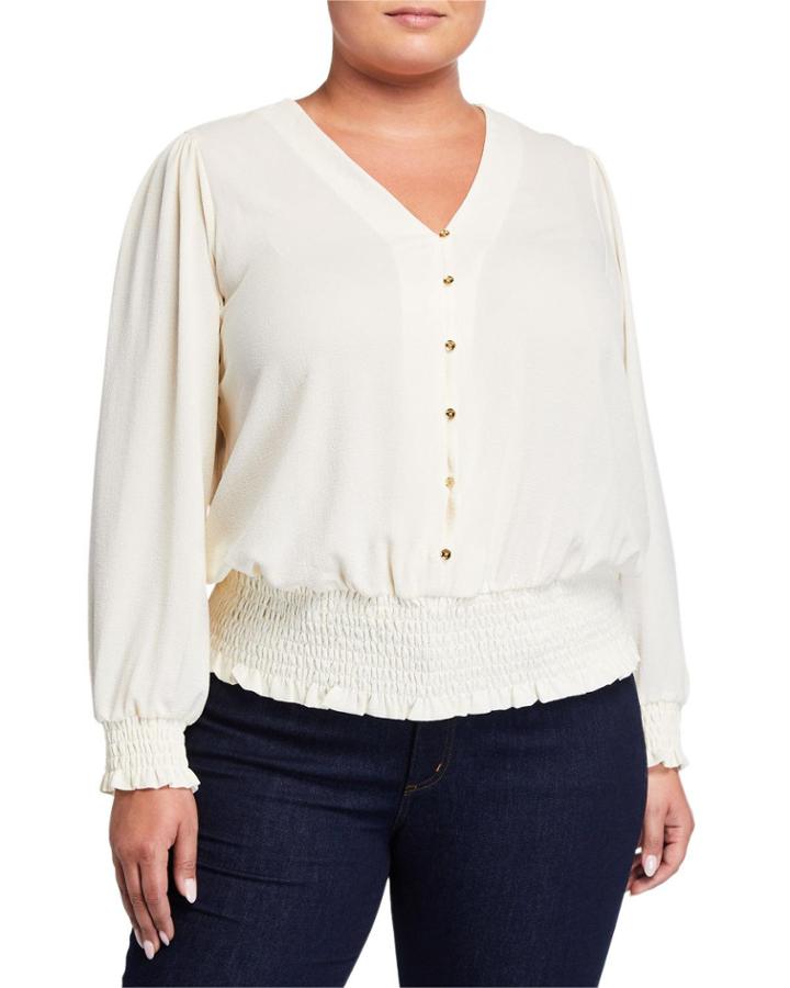 Plus Size Smocked Button-down Blouse
