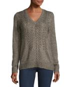 Cable-front V-neck Sweater, Brown Pattern