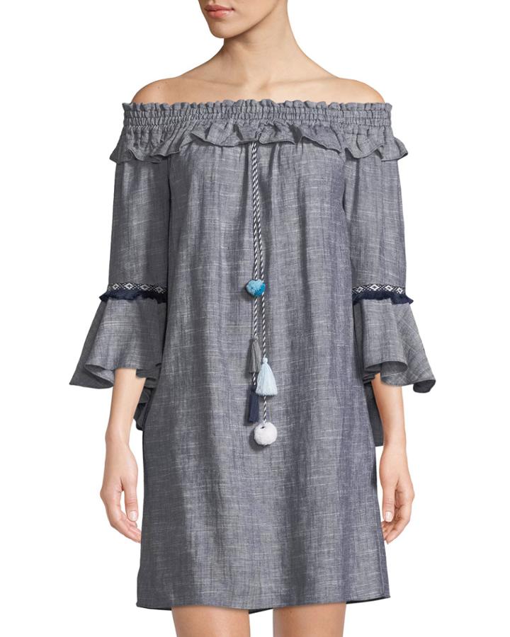 Off-the-shoulder Bell-sleeve Chambray Dress