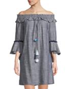 Off-the-shoulder Bell-sleeve Chambray Dress