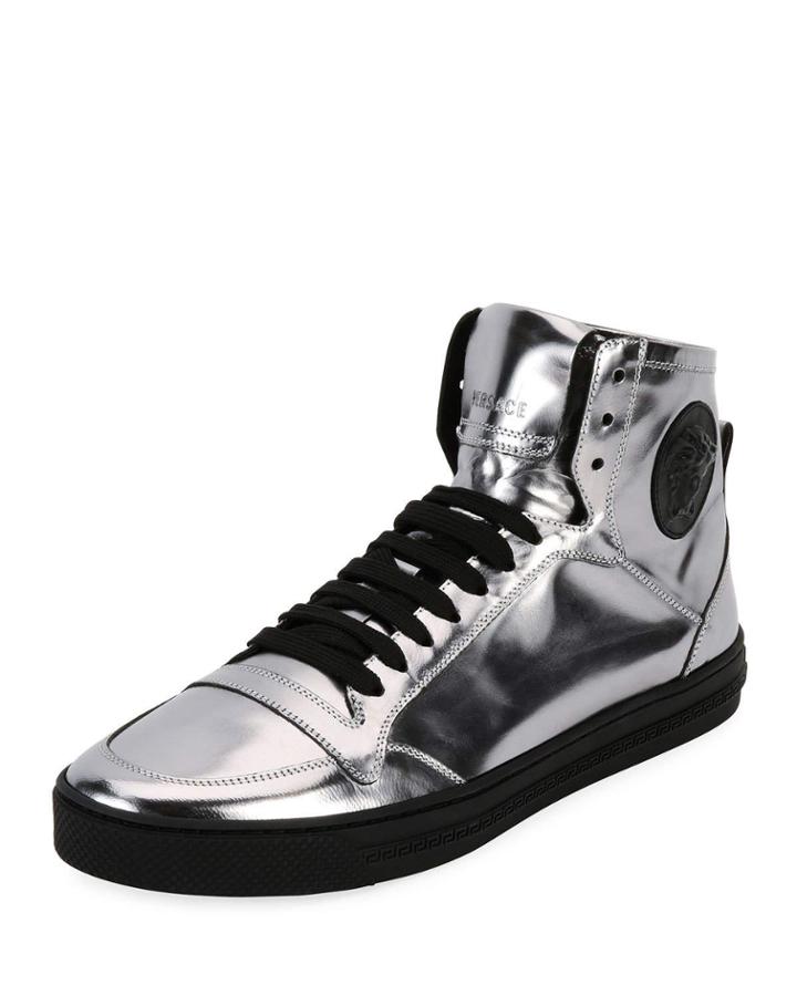Men's Metallic Leather High-top Sneakers,