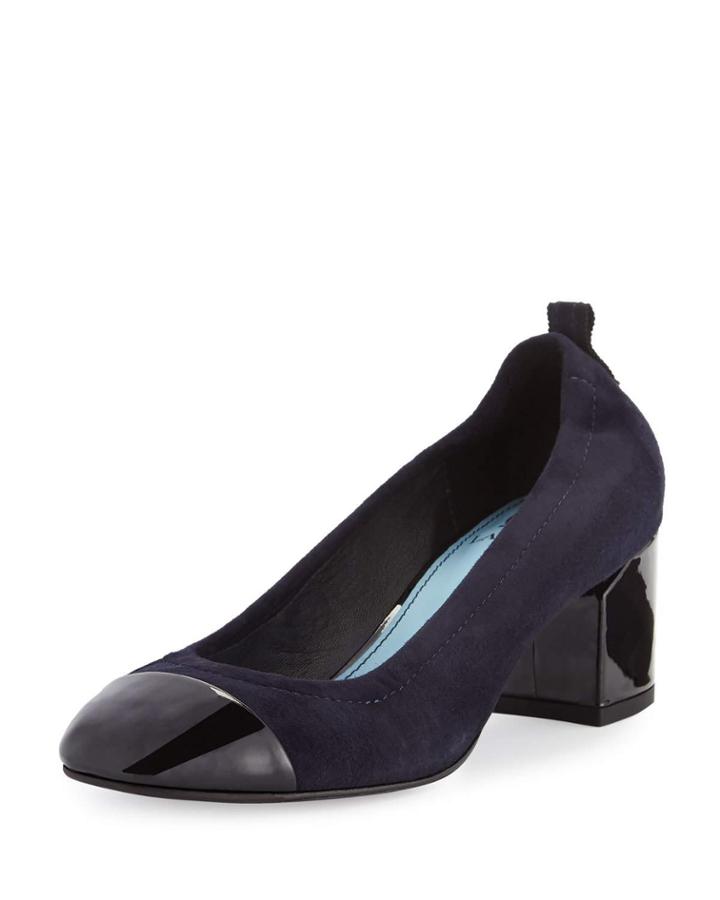 Nubuck Cube-heel Cap-toe Pumps, Dark Blue/black