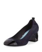 Nubuck Cube-heel Cap-toe Pumps, Dark Blue/black