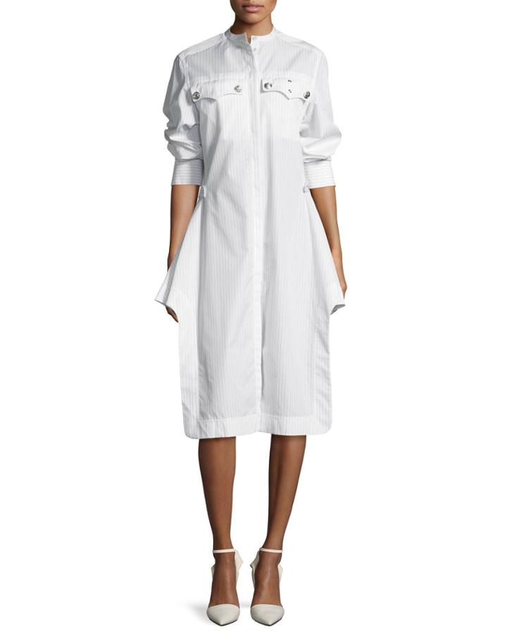 High-neck Button-front Belted Striped