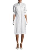 High-neck Button-front Belted Striped