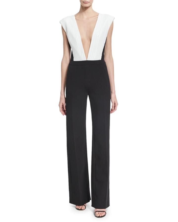 Plunging V Plisse-paneled Wide-leg Jumpsuit, Black/white