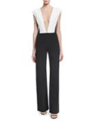 Plunging V Plisse-paneled Wide-leg Jumpsuit, Black/white