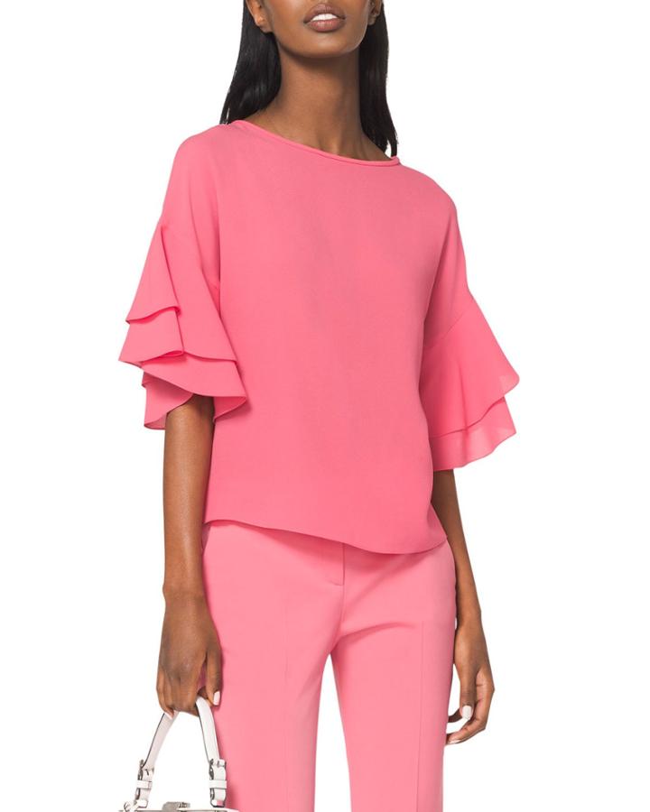 Round-neck Flutter-sleeve Silk Georgette Blouse