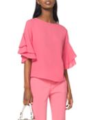 Round-neck Flutter-sleeve Silk Georgette Blouse