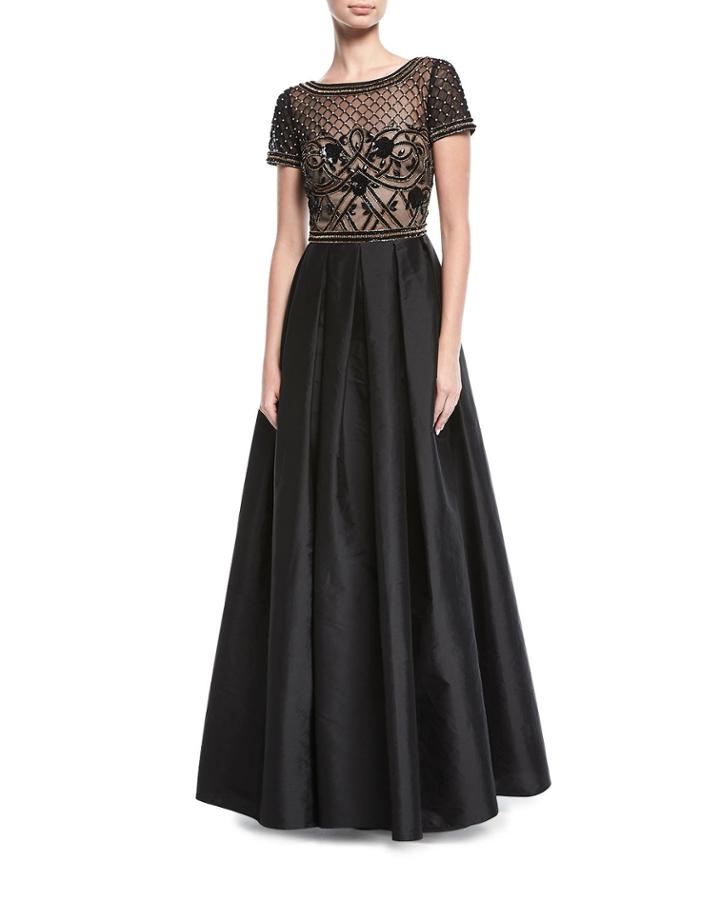 Beaded Illusion Short-sleeve Evening Gown
