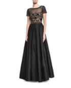 Beaded Illusion Short-sleeve Evening Gown