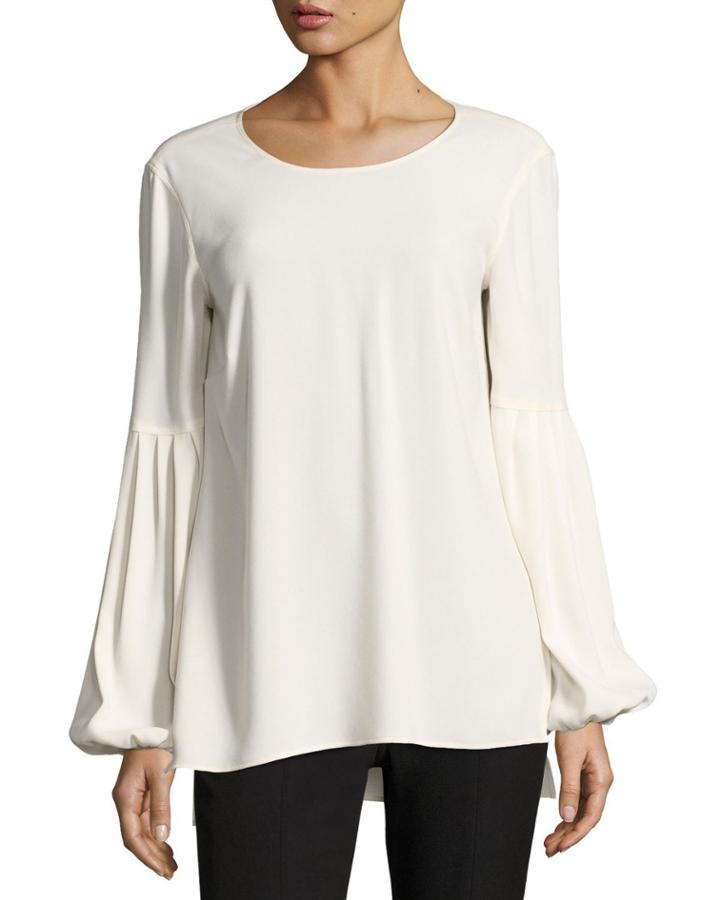 Harriet Blouson-sleeve Round-neck Crepe Top