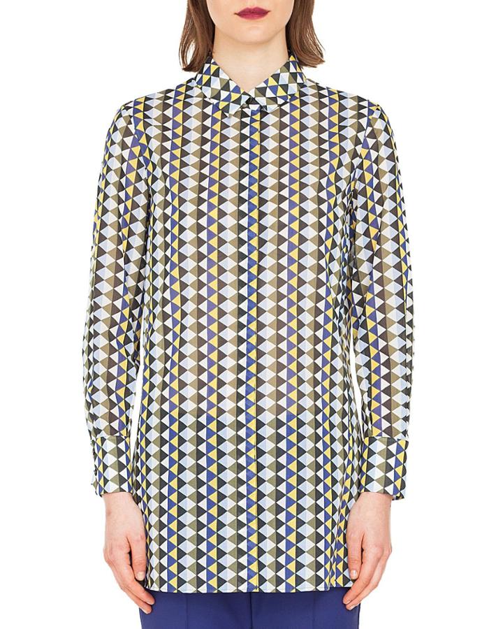 Long-sleeve Button-front Diamond-stripe Cotton Voile Blouse