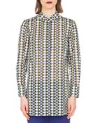 Long-sleeve Button-front Diamond-stripe Cotton Voile Blouse