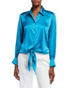 Lindy Button-front Long-sleeve Satin Blouse W/ Tie-front