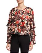 Floral Jewel-neck Pleated Bell-sleeve Top